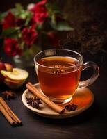 Photo of some Cinnamon Apple Tea drink elegantly plated on a table. Generative AI