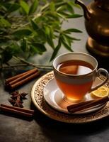 Photo of some Cinnamon Tea drink elegantly plated on a table. Generative AI