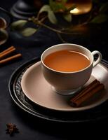 foto de algunos canela té bebida esmeradamente chapado en un mesa. generativo ai
