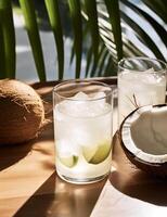 Photo of some Coconut Water drink elegantly plated on a table. Generative AI