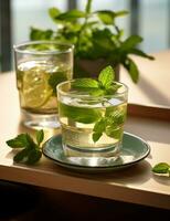 Photo of some Fresh Mint Tea drink elegantly plated on a table. Generative AI