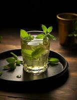 Photo of some Fresh Mint Tea drink elegantly plated on a table. Generative AI