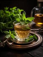 Photo of some Fresh Mint Tea drink elegantly plated on a table. Generative AI