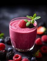 Photo of some Fresh Berry Smoothie drink elegantly plated on a table. Generative AI