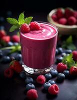 Photo of some Fresh Berry Smoothie drink elegantly plated on a table. Generative AI