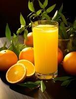 Photo of some Fresh Orange Juice drink elegantly plated on a table. Generative AI