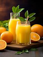 Photo of some Fresh Orange Juice drink elegantly plated on a table. Generative AI