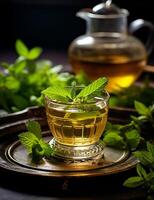 Photo of some Fresh Mint Tea drink elegantly plated on a table. Generative AI