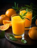 Photo of some Fresh Orange Juice drink elegantly plated on a table. Generative AI