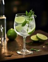 Photo of some Gin and Tonic drink elegantly plated on a table. Generative AI