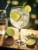 Photo of some Gin and Tonic drink elegantly plated on a table. Generative AI