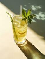 Photo of some Iced Green Tea drink elegantly plated on a table. Generative AI