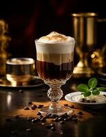 Photo of some Irish Coffee drink elegantly plated on a table. Generative AI