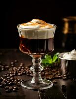 Photo of some Irish Coffee drink elegantly plated on a table. Generative AI