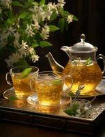 Photo of some Jasmine Tea drink elegantly plated on a table. Generative AI