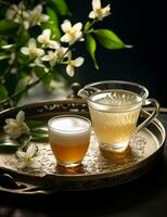 Photo of some Jasmine Tea drink elegantly plated on a table. Generative AI