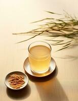 Photo of some Korean Barley Tea drink elegantly plated on a table. Generative AI