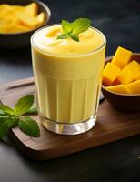 Photo of some Mango Lassi drink elegantly plated on a table. Generative AI