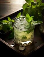 Photo of some Mint Julep drink elegantly plated on a table. Generative AI