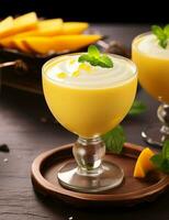 Photo of some Mango Lassi drink elegantly plated on a table. Generative AI