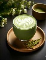 Photo of some Matcha Latte drink elegantly plated on a table. Generative AI