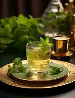 Photo of some Mint Tea drink elegantly plated on a table. Generative AI