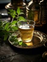 Photo of some Mint Tea drink elegantly plated on a table. Generative AI