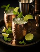 Photo of some Moscow Mule drink elegantly plated on a table. Generative AI