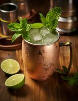 Photo of some Moscow Mule drink elegantly plated on a table. Generative AI