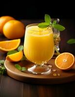 Photo of some Orange Juice drink elegantly plated on a table. Generative AI