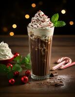 Photo of some Peppermint Mocha drink elegantly plated on a table. Generative AI