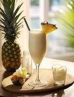 foto de algunos piña colada bebida esmeradamente chapado en un mesa. generativo ai