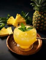 Photo of some Pineapple Punch drink elegantly plated on a table. Generative AI