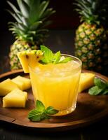 Photo of some Pineapple Punch drink elegantly plated on a table. Generative AI