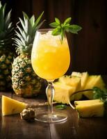 Photo of some Pineapple Punch drink elegantly plated on a table. Generative AI