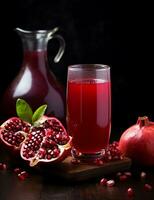 Photo of some Pomegranate Juice drink elegantly plated on a table. Generative AI