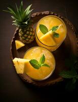 Photo of some Pineapple Punch drink elegantly plated on a table. Generative AI