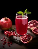 Photo of some Pomegranate Juice drink elegantly plated on a table. Generative AI