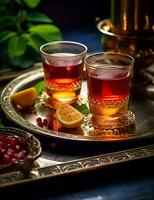 Photo of some Qamar al-Din drink elegantly plated on a table. Generative AI