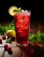 Photo of some Raspberry Iced Tea drink elegantly plated on a table. Generative AI