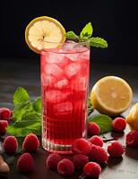 Photo of some Raspberry Lemonade drink elegantly plated on a table. Generative AI