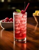 Photo of some Shirley Temple drink elegantly plated on a table. Generative AI