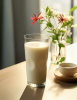 Photo of some Soy Milk drink elegantly plated on a table. Generative AI