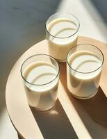 Photo of some Soy Milk drink elegantly plated on a table. Generative AI