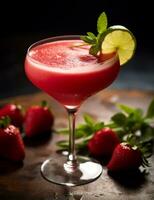 Photo of some Strawberry Daiquiri drink elegantly plated on a table. Generative AI