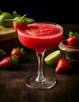 Photo of some Strawberry Daiquiri drink elegantly plated on a table. Generative AI