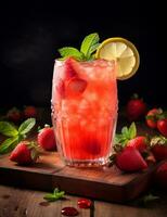 Photo of some Strawberry Lemonade drink elegantly plated on a table. Generative AI