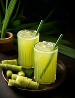 Photo of some Sugarcane Juice drink elegantly plated on a table. Generative AI