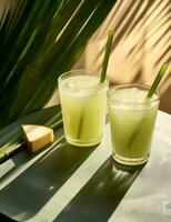 Photo of some Sugarcane Juice drink elegantly plated on a table. Generative AI