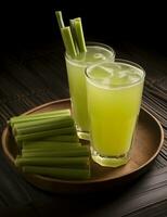 Photo of some Sugarcane Juice drink elegantly plated on a table. Generative AI